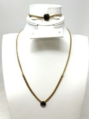 Vintage Emmons Necklace & Bracelet Set Gold Tone Dark Blue-Black Cabochon Stones